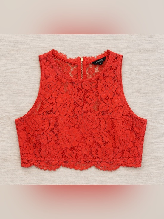 Topshop Tops - Topshop Coral Lace Crop Top Sleeveless High Neck US 12